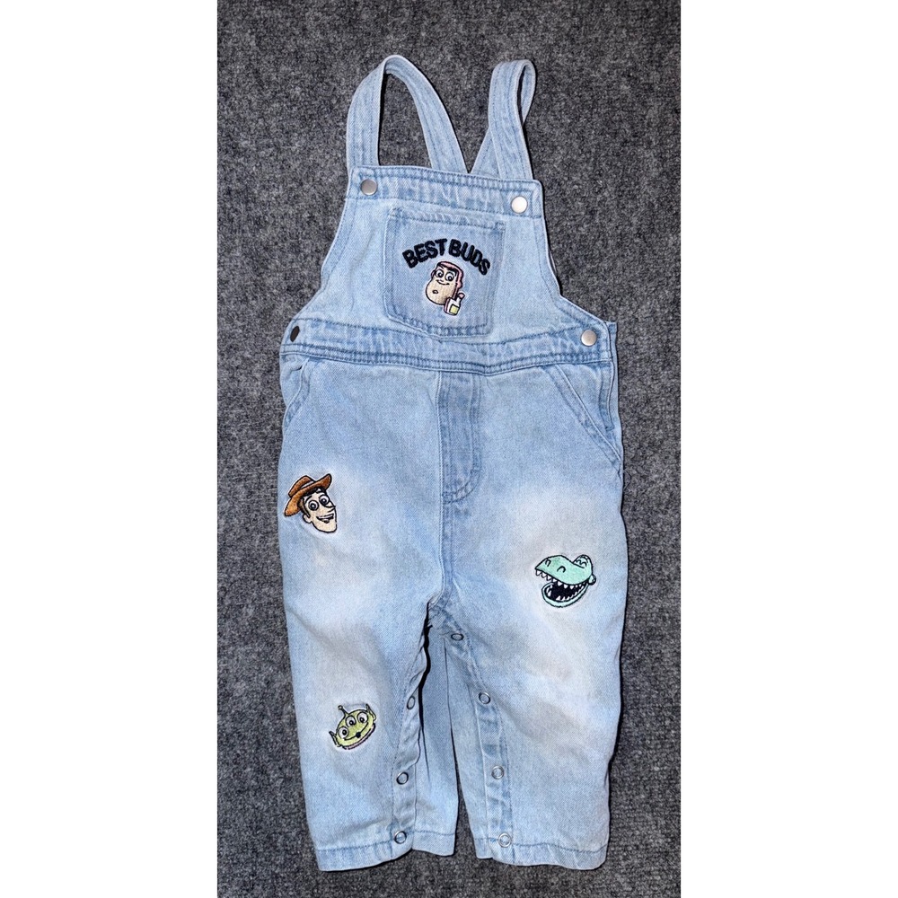 Disney Baby Toy Story Denim Overalls Light Blue Woody Buzz Rex best buds 12 mo